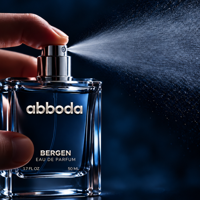 ABBODA BERGEN Eau de Parfum bottle spraying mist against a dark midnight blue background.