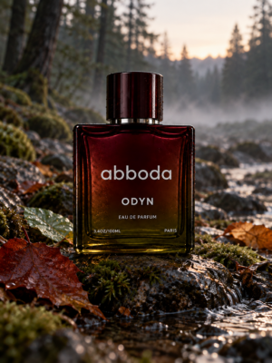 Abboda ODYN Eau de Parfum bottle in a misty forest at dawn