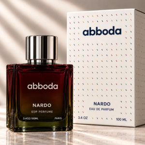 ABBODA NARDO 100ml Eau de Parfum in a red-brown gradient glass bottle with silver round cap, shown beside the white ABBODA signature fragrance box.