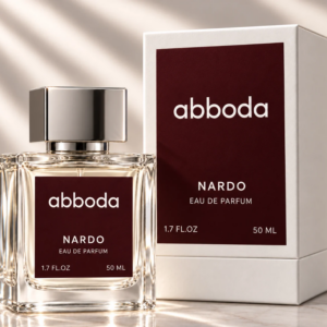 ABBODA NARDO 50ml Eau de Parfum clear glass bottle with silver square cap, deep burgundy label, and matching white luxury fragrance box.