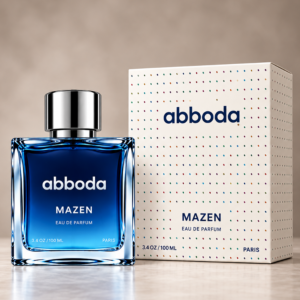 Abboda MAZEN Eau de Parfum blue gradient perfume bottle with silver cap and luxury fragrance packaging box.