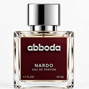 ABBODA NARDO 50ml Eau de Parfum in a clear glass bottle with a deep burgundy label and silver square cap on a light gray background.