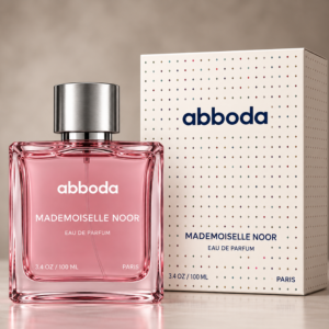 Abboda Mademoiselle Noor Eau de Parfum pink perfume bottle with silver cap and luxury fragrance packaging box.