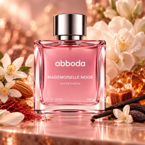 Abboda Mademoiselle Noor perfume bottle surrounded by white florals, saffron, almond, vanilla, amber accents, and warm feminine notes.