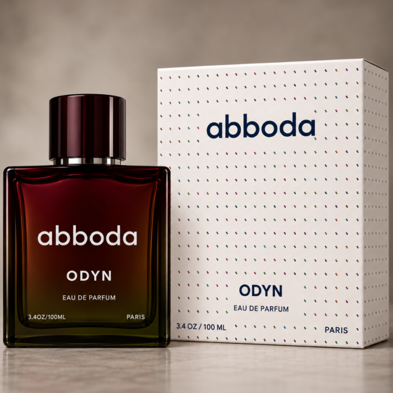 ABBODA ODYN Eau de Parfum bottle displayed beside its white branded box with multicolor dot pattern