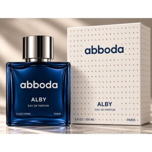 ABBODA ALBY 100ml Eau de Parfum in a deep blue glass bottle with a silver round cap, shown beside the white ABBODA signature fragrance box.