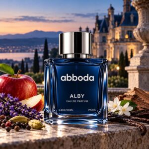ABBODA ALBY 100ml Eau de Parfum in a deep blue bottle with silver cap, photographed on marble in a luxury coastal setting.