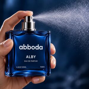 ABBODA ALBY 100ml Eau de Parfum in a deep blue bottle with silver spray atomizer, shown being sprayed in a dark blue luxury setting.