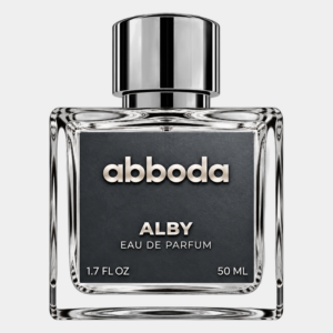 ABBODA ALBY 50ml Eau de Parfum in a clear glass bottle with a slate blue-gray label and silver round cap on a light neutral studio background.