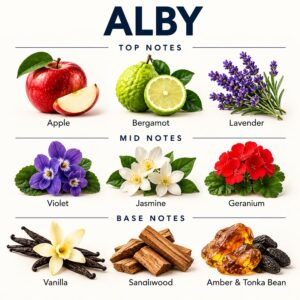 ABBODA ALBY fragrance note chart showing apple, bergamot, and lavender; violet, jasmine, and geranium; vanilla, sandalwood, and amber & tonka bean.