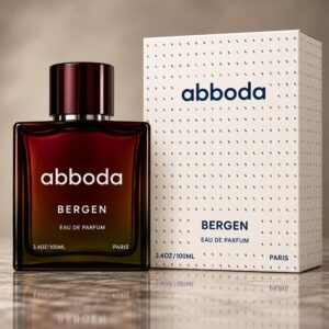 ABBODA BERGEN 100ml Eau de Parfum in a dark red amber glass bottle with a dark red round cap, shown beside the white ABBODA signature fragrance box.