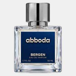 ABBODA BERGEN 50ml Eau de Parfum in a clear glass bottle with a deep blue label and silver round cap on a light neutral studio background.