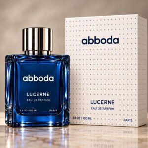 ABBODA LUCERNE 100ml Eau de Parfum in a deep blue glass bottle with a silver round cap, shown beside the white ABBODA signature fragrance box.