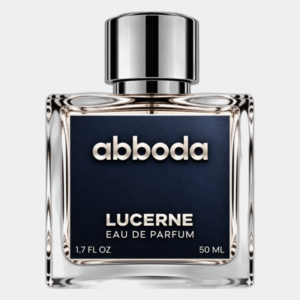 ABBODA LUCERNE 50ml Eau de Parfum in a clear glass bottle with a dark navy label and silver round cap on a light neutral studio background.