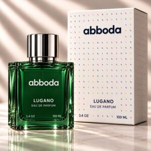 ABBODA LUGANO 100ml Eau de Parfum in a deep green glass bottle with a silver round cap, shown beside the white ABBODA signature fragrance box.