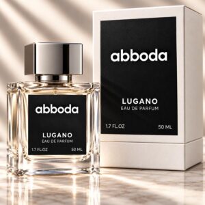 ABBODA LUGANO 50ml Eau de Parfum clear glass bottle with a black label, silver square cap, and matching white two-piece fragrance box.