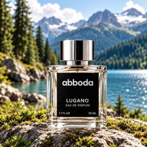 ABBODA LUGANO 50ml Eau de Parfum in a clear glass bottle with a black label and silver round cap, photographed on a rock beside a lake with mountains and pine trees.
