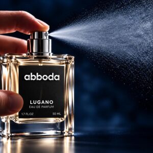 ABBODA LUGANO 50ml Eau de Parfum with black label and silver spray atomizer, shown being sprayed in a dark blue luxury setting.