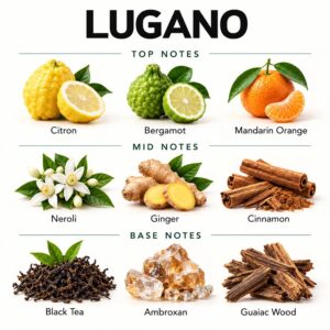 ABBODA LUGANO fragrance note chart showing citron, bergamot, and mandarin orange; neroli, ginger, and cinnamon; black tea, ambroxan, and guaiac wood.