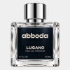 ABBODA LUGANO 50ml Eau de Parfum in a clear glass bottle with a black label and silver round cap on a light neutral studio background. Caption: LUGANO 50ml bottle only.