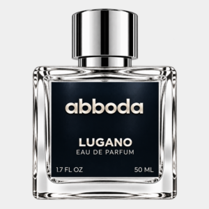 ABBODA LUGANO 50ml Eau de Parfum in a clear glass bottle with a black label and silver round cap on a light neutral studio background. Caption: LUGANO 50ml bottle only.