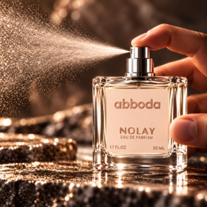 ABBODA NOLAY 50ml Eau de Parfum with blush pink label and silver spray atomizer, shown being sprayed in a soft romantic setting.