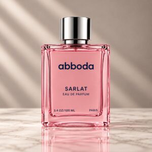 ABBODA SARLAT 100ml Eau de Parfum in a pink glass bottle with a silver round cap on a warm neutral studio background.