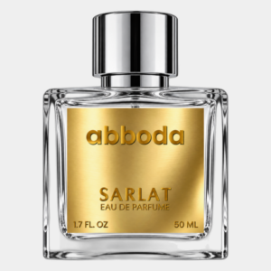ABBODA SARLAT 50ml Eau de Parfum in a clear glass bottle with a gold metallic label and silver round cap on a light neutral studio background.