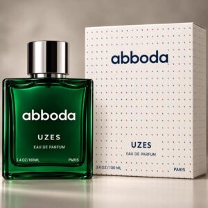 ABBODA UZES 100ml Eau de Parfum in a deep green glass bottle with a silver round cap, shown beside the white ABBODA signature fragrance box.