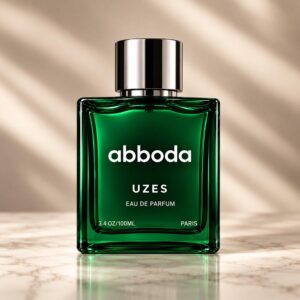 ABBODA UZES 100ml Eau de Parfum in a deep green glass bottle with a silver round cap on a warm neutral studio background.