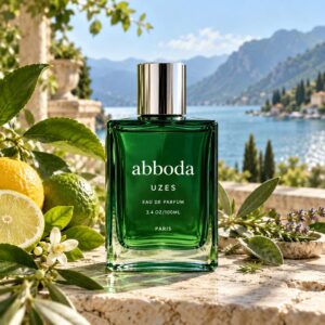 ABBODA UZES 100ml Eau de Parfum in a deep green bottle with silver round cap, photographed on a stone terrace beside a lake with mountains, citrus fruit, and green herbs.