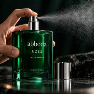 ABBODA UZES 100ml Eau de Parfum in a deep green bottle with silver spray atomizer, shown being sprayed in a dark green luxury setting with the cap placed beside the bottle.
