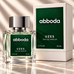 ABBODA UZES 50ml Eau de Parfum clear glass bottle with a dark green label, silver square cap, and matching white two-piece fragrance box.
