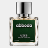 ABBODA UZES 50ml Eau de Parfum in a clear glass bottle with a dark green label and silver square cap on a light neutral studio background.
