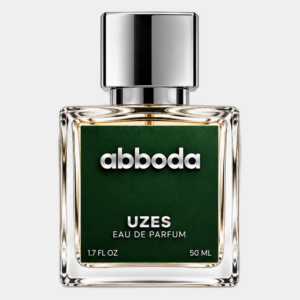 ABBODA UZES 50ml Eau de Parfum in a clear glass bottle with a dark green label and silver square cap on a light neutral studio background.