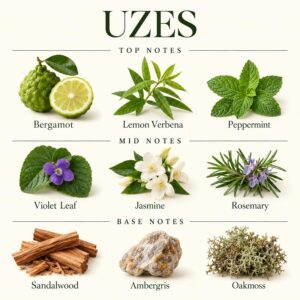 ABBODA UZES fragrance note chart showing bergamot, lemon verbena, and peppermint; violet leaf, jasmine, and rosemary; sandalwood, ambergris, and oakmoss.